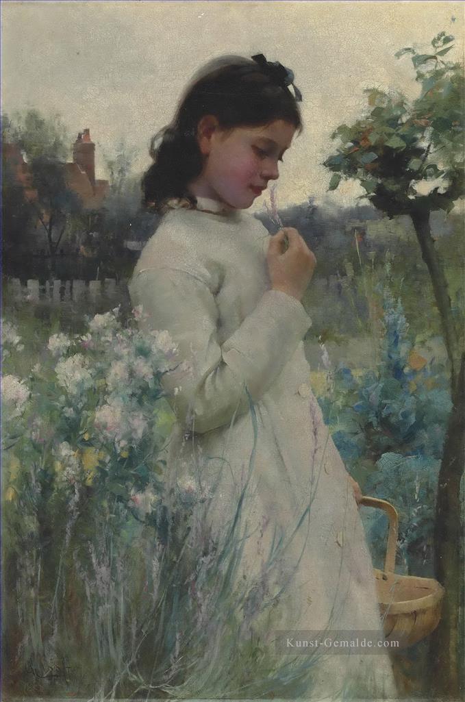 Ein junges Mädchen in einem Garten Alfred Glendening JR schöne Frau Dame Ölgemälde
